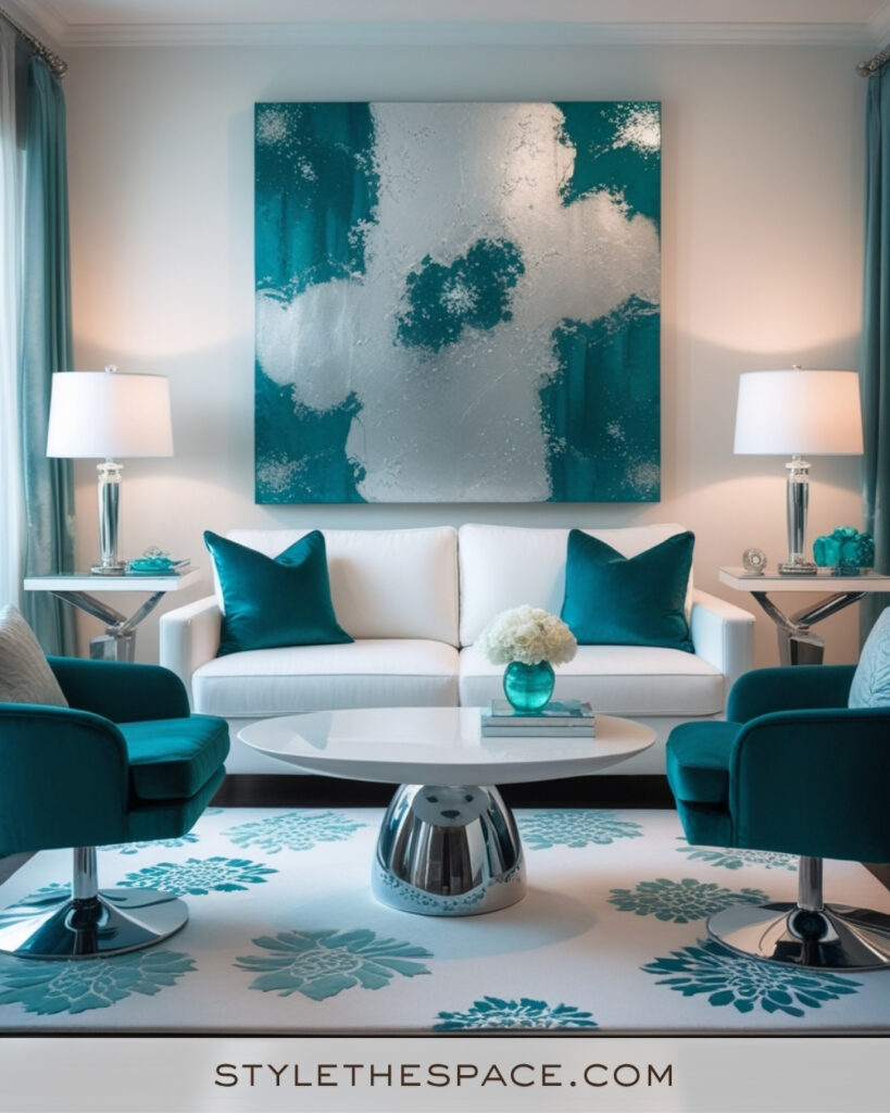 White Living Room with Teal and Silver Modern Glam Accents