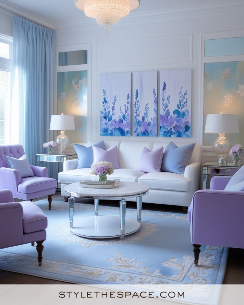 White Living Room with Lavender and Soft Blue Pastel Accents