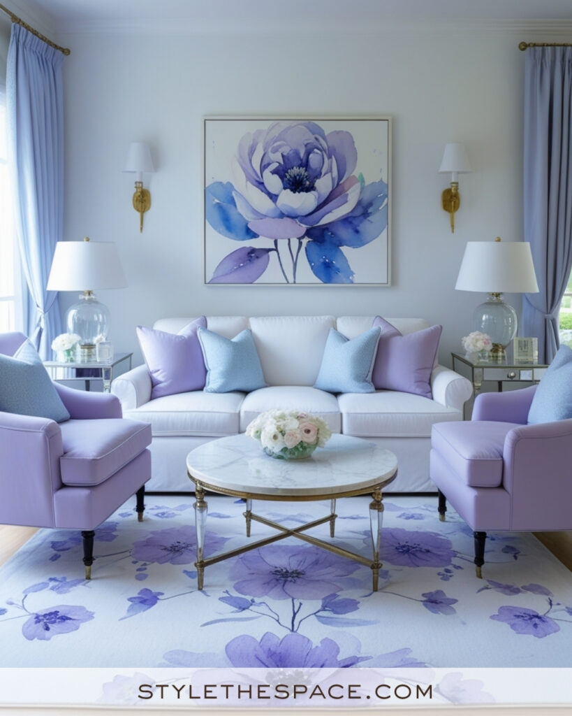 White Living Room with Lavender and Soft Blue Pastel Accents