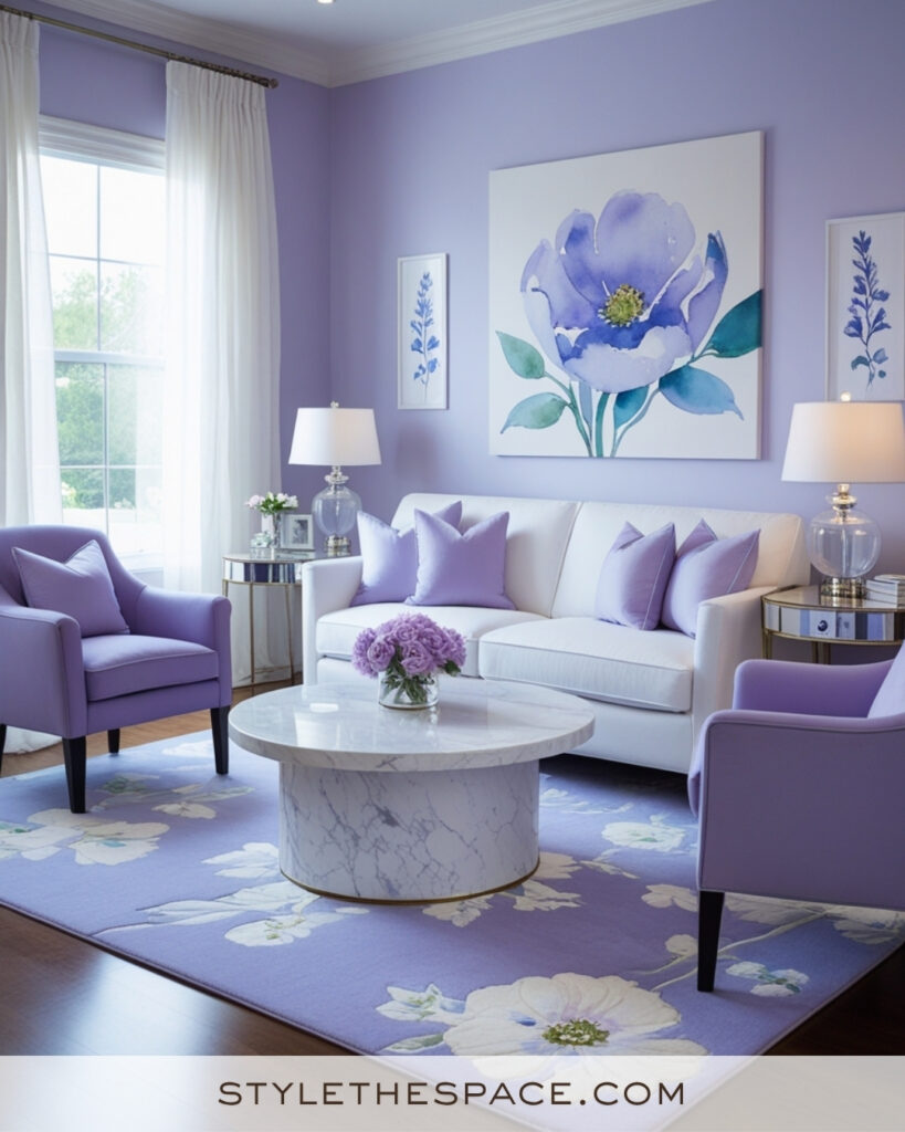 White Living Room with Lavender and Soft Blue Pastel Accents
