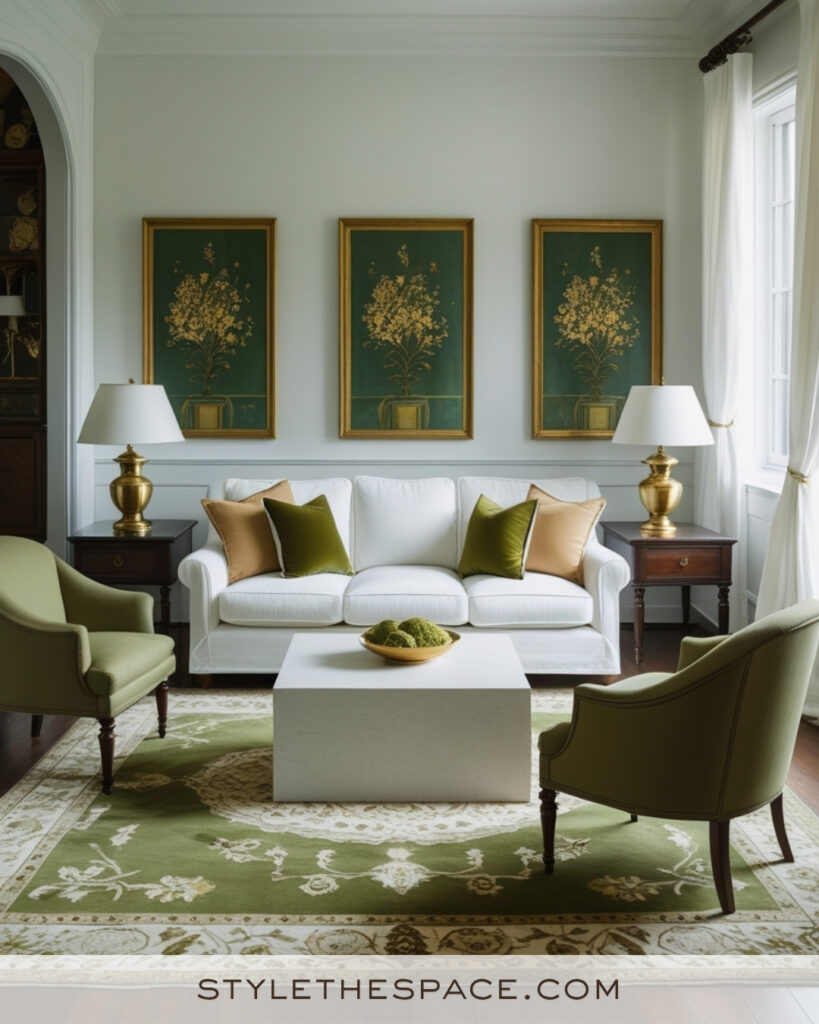 White Living Room with Olive Green and Warm Gold Accents