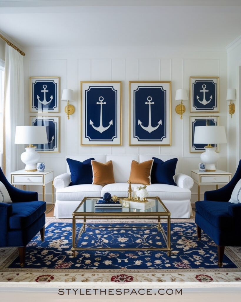 White Living Room with Navy Blue and Warm Gold Accents