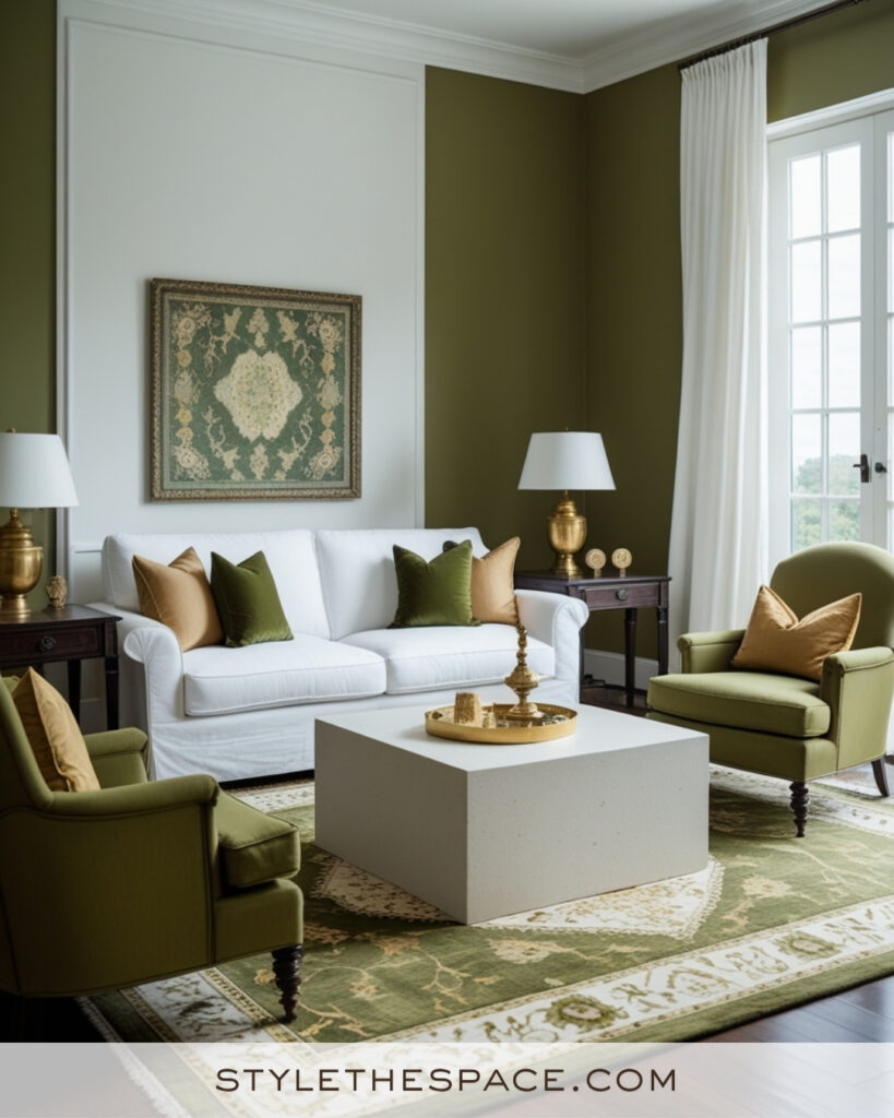 White Living Room with Olive Green and Warm Gold Accents