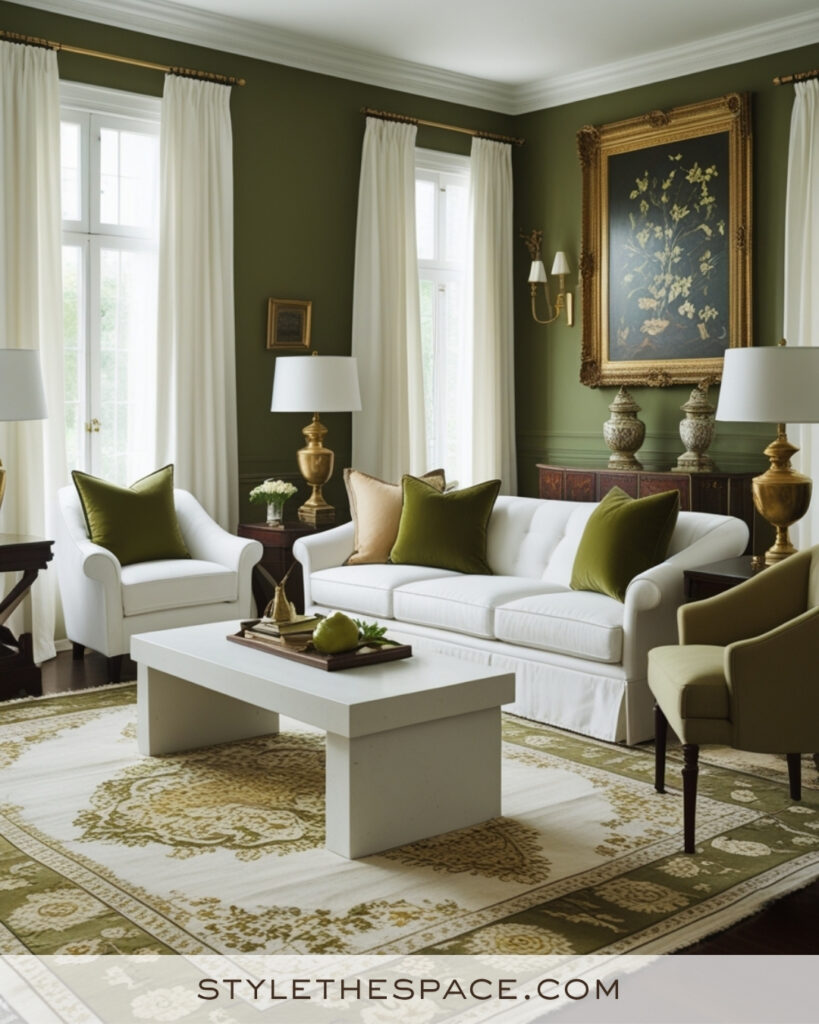 White Living Room with Olive Green and Warm Gold Accents