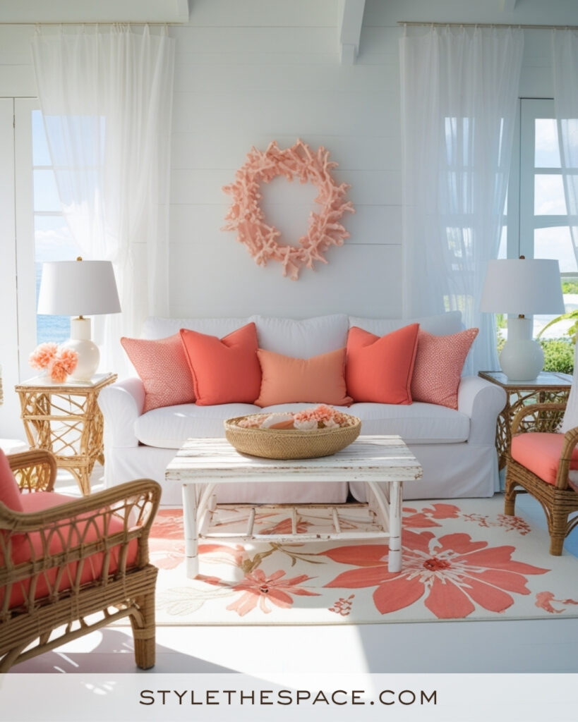 White Living Room with Coral and Coastal Peach Accents