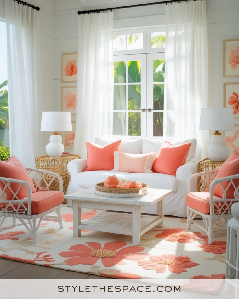 White Living Room with Coral and Coastal Peach Accents