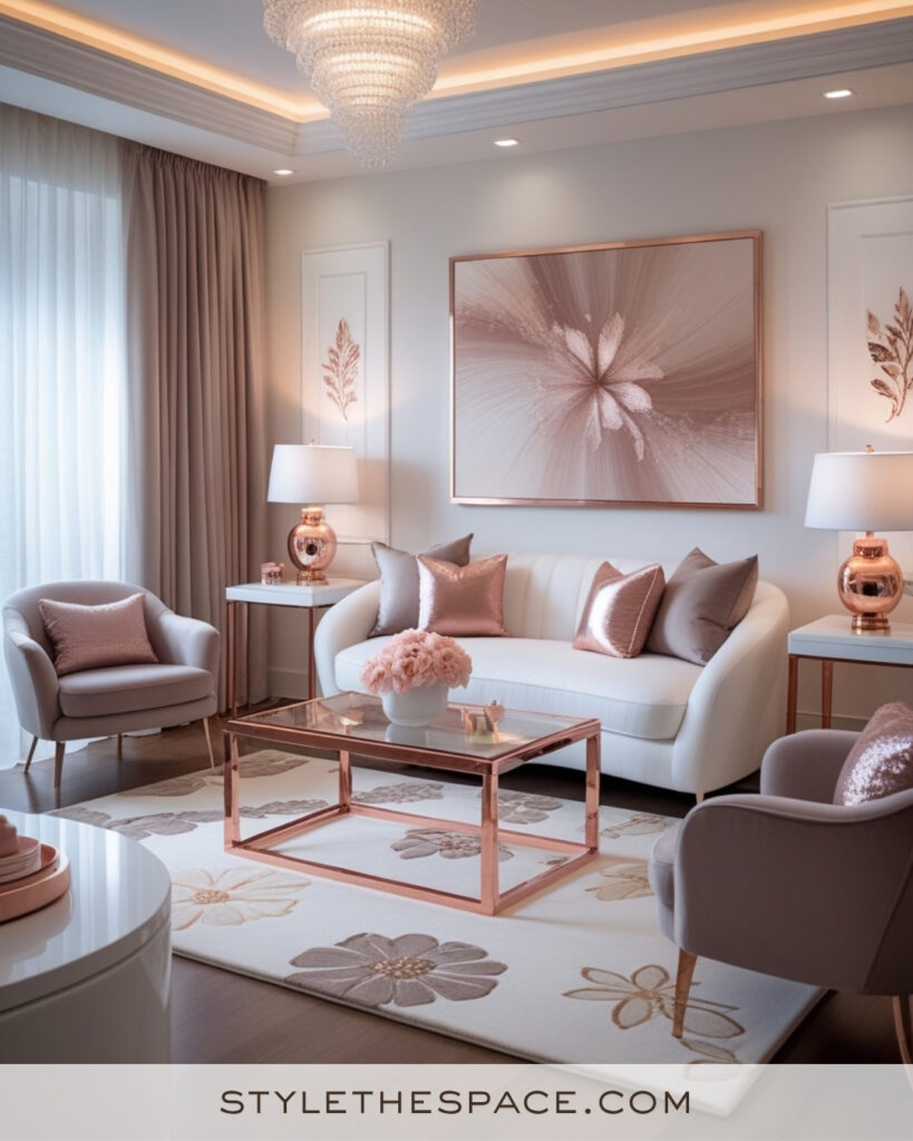 White Living Room with Rose Gold and Soft Taupe Accents