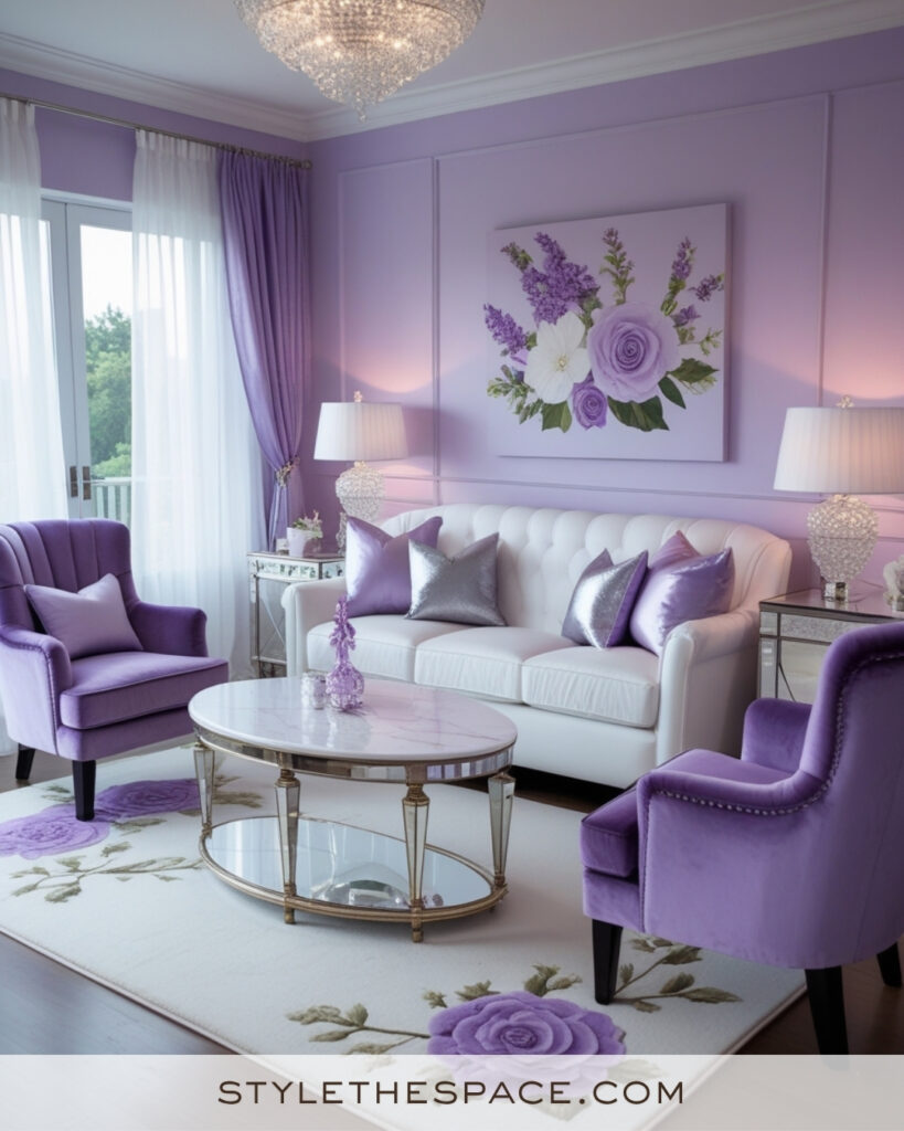 White Living Room with Lavender and Silver Glam Accents