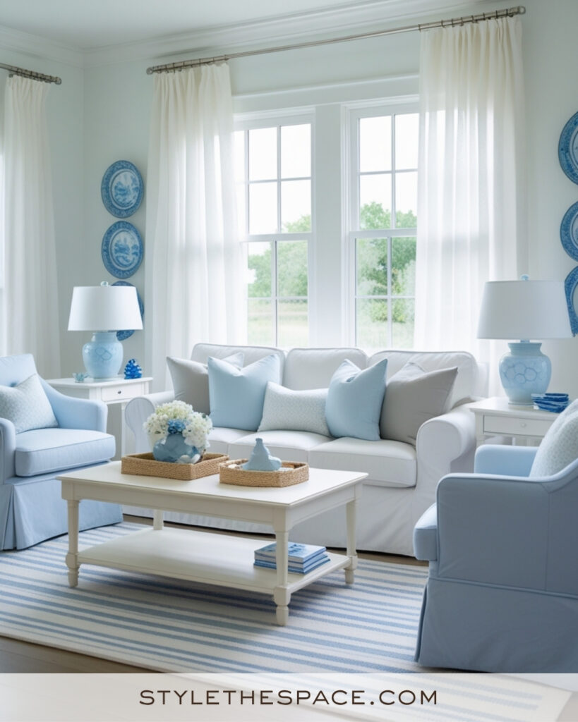 White Living Room with Soft Blue Coastal Accents