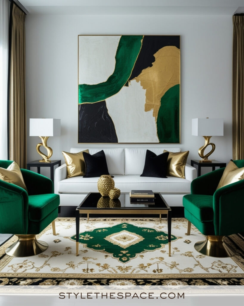 White Living Room with Emerald Green and Gold Glam Accents