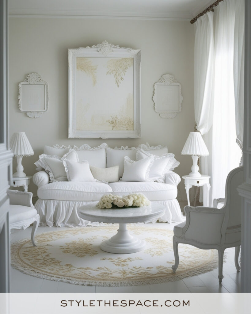 White Living Room with Cream and Vintage French Accents