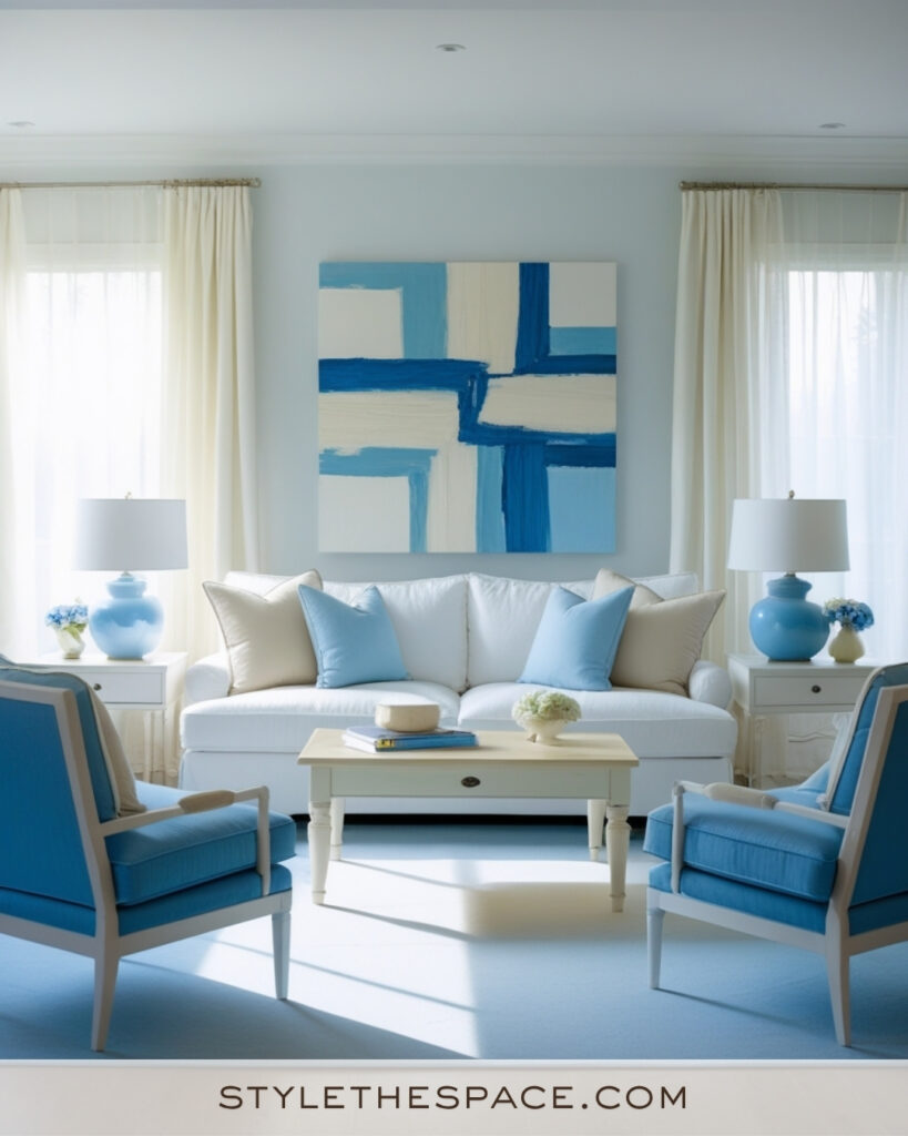 White Living Room with Sky Blue and Cream Accents