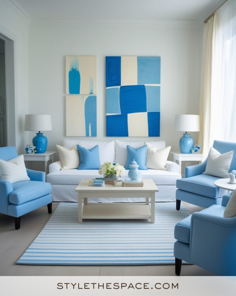 White Living Room with Sky Blue and Cream Accents