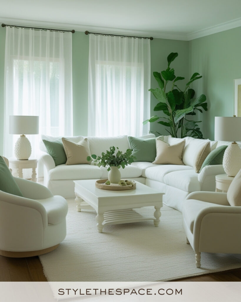 White Living Room with Soft Sage Green Accents
