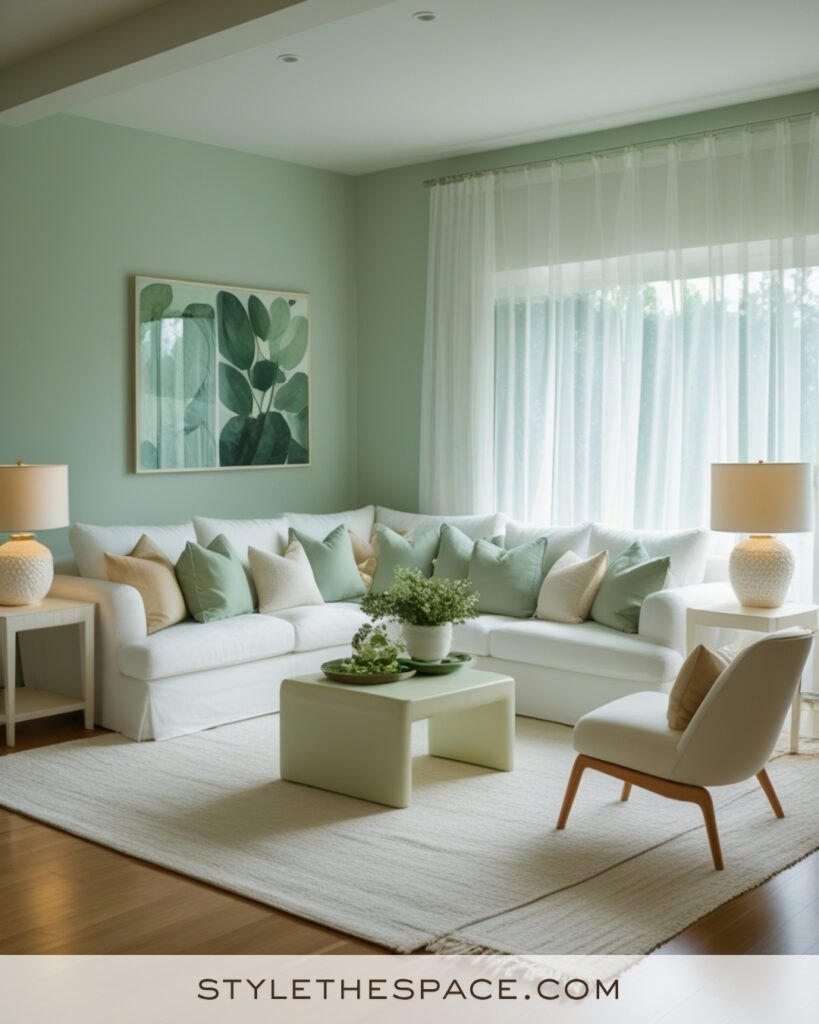 White Living Room with Soft Sage Green Accents