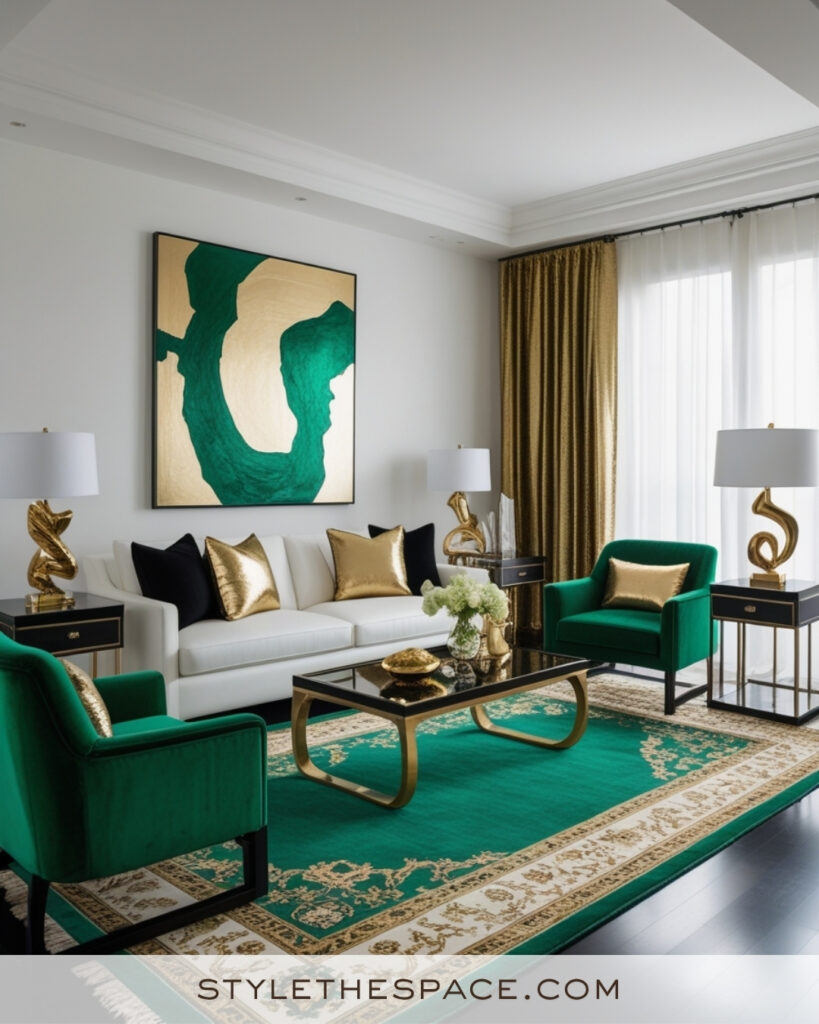 White Living Room with Emerald Green and Gold Glam Accents