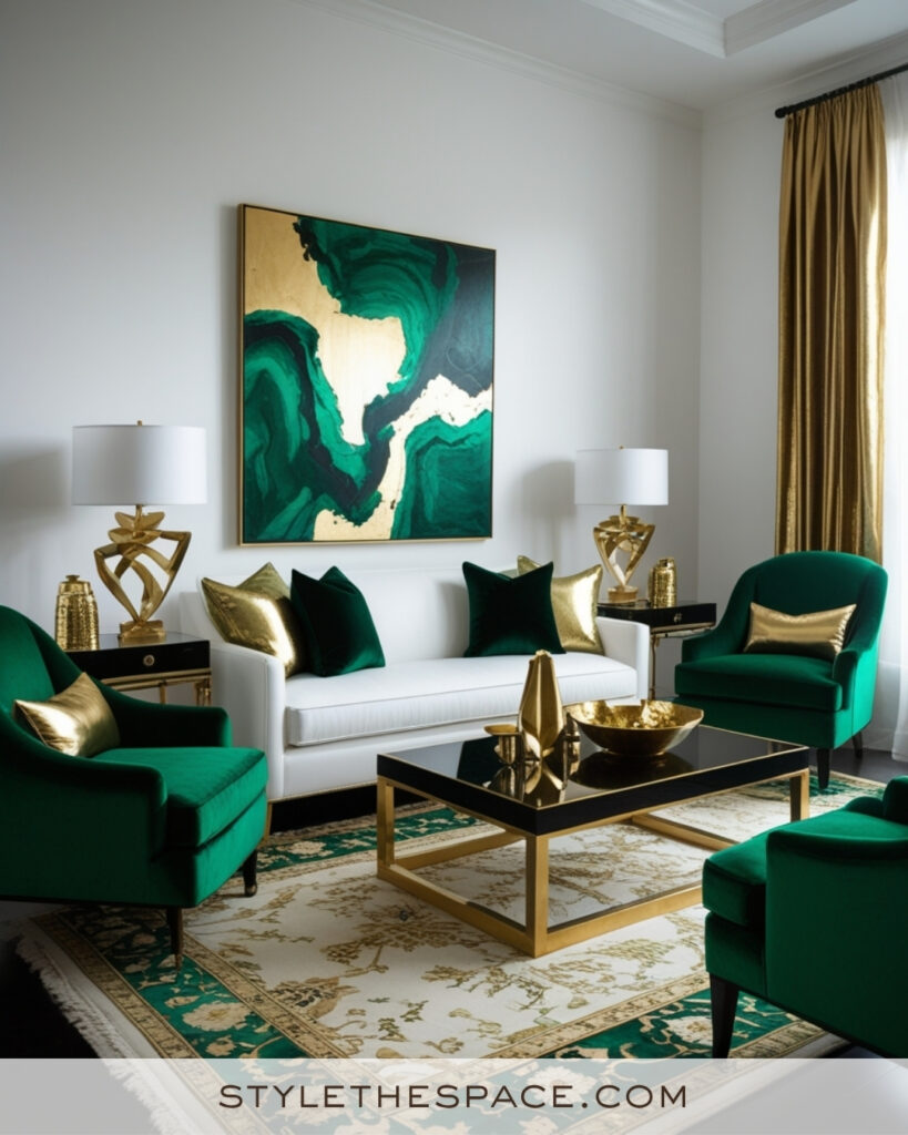 White Living Room with Emerald Green and Gold Glam Accents