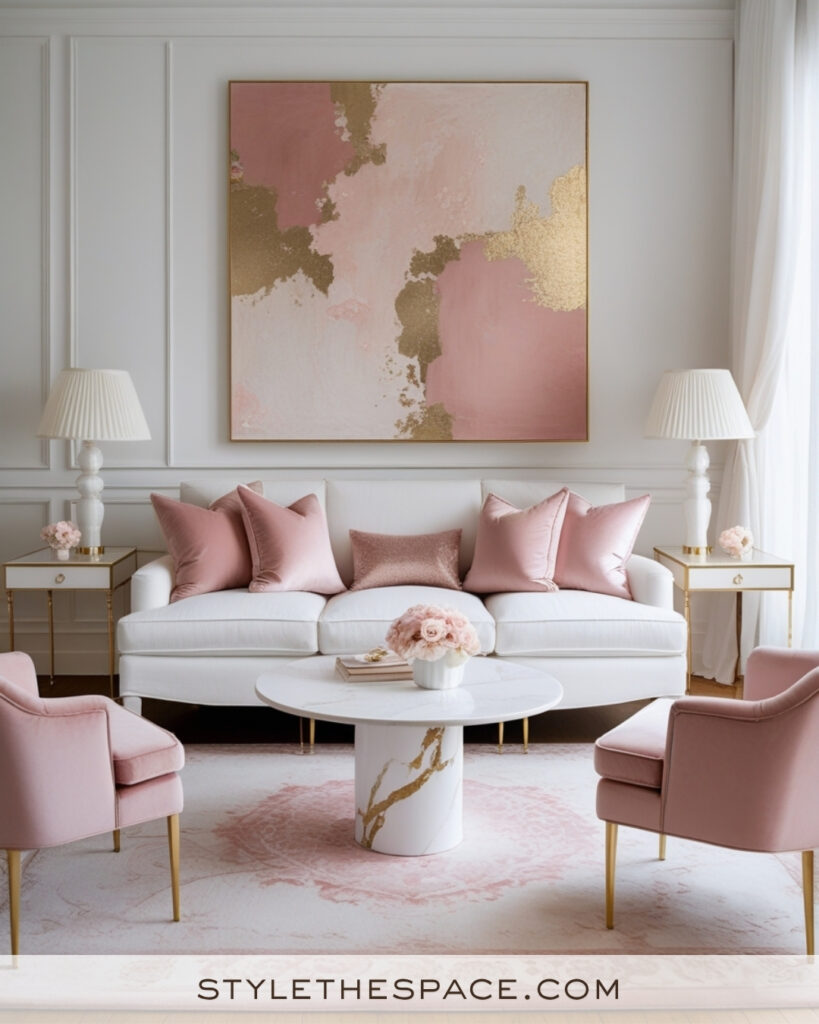 White Living Room with Blush Pink and Soft Gold Elegance