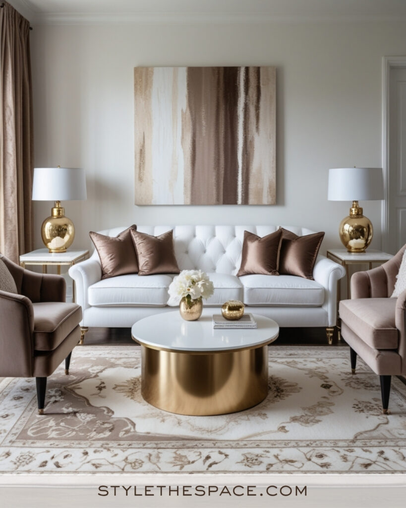 White Living Room with Taupe and Warm Gold Accents